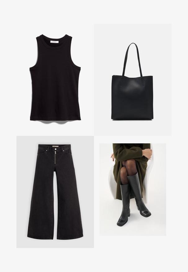 Černý tílko vyrobené z žebrované látky. Disponuje kulatým výstřihem a širokými průramky. Rovný lem s prošitím. Jednoduchý design.; Džíny s širokými nohavicemi v černém denimovém provedení se zipem vpředu, pěti kapsami a jemnými švy. Hladká textura a ležérní styl.; Černé kožené boty po kolena s hranatou špičkou a blokovým podpatkem, předvedené na modelce sedící v olivově zeleném kabátu. Hladký povrch, minimalizované detaily.; Černá kožená taška přes rameno s hladkým povrchem, obdélníkovým tvarem a dvěma dlouhými uchy. Žádné viditelné kování ani ozdoby.