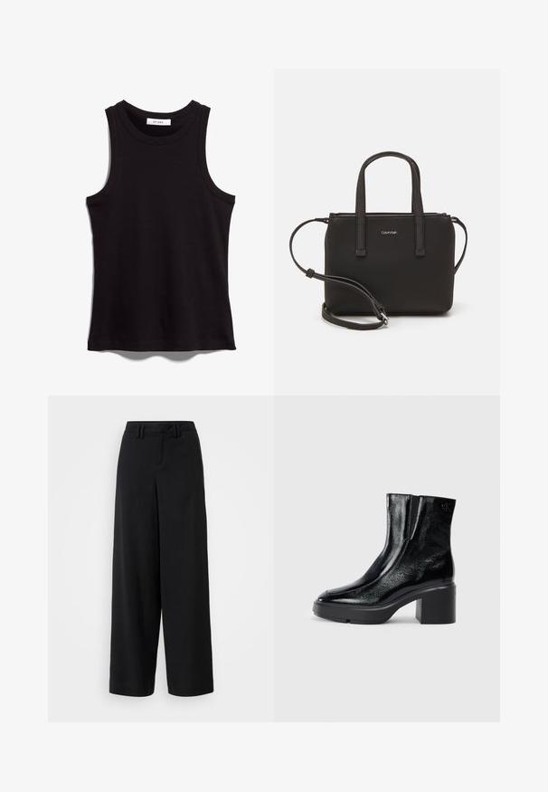 Black tank top made of ribbed fabric. Features a crew neckline and wide armholes. Straight hem with stitched detailing. Simple design.; Black wide-leg trousers made of smooth fabric, featuring a flat-front design, pleated details, and belt loops at the waistband.; Black patent leather ankle boots with a curved toe, elastic side panels, and a chunky block heel. Features embossed logo on the back.; Black handbag with dual short handles and a removable shoulder strap. Smooth leather-like material with a zip closure and logo detail.