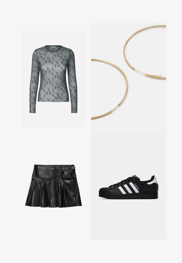 Cienka bluzka z długim rękawem w ciemnoszarym kolorze, z haftowanym wzorem kwiatowym. Okrągły dekolt z subtelną teksturą na całej powierzchni.; Czarna skórzana spódnica z plisami, szerokim pasem i dwoma detalami w postaci klamer z boku. Gładka faktura o błyszczącym wykończeniu.; Czarne sneakersy Adidas Superstar z białymi paskami, noskiem w kształcie muszli i napisem "Superstar" na boku, zaprezentowane w profilu bocznym na białym tle.; Złote kolczyki w kształcie cienkich okrągłych obręczy, o gładkim metalicznym wykończeniu, bez zdobień czy wzorów.