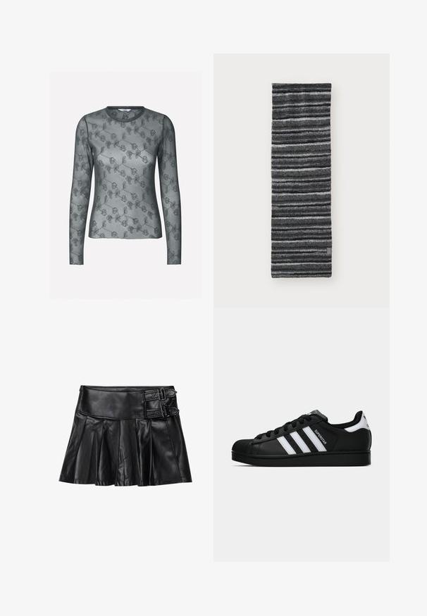 Dlhý rukáv priehľadná blúzka v tmavošedej farbe so vyšívaným kvetinovým vzorom. Okrúhly výstrih s jemnou textúrou po celom povrchu.; Čierna kožená sukňa s sklady, širokým pásom a dvoma prackami na boku. Hladká textúra s lesklým povrchom.; Čierne tenisky Adidas Superstar s bielymi pruhmi, špičkou v tvare mušle a textom "Superstar" na boku, zobrazené v bočnom profilu na bielom pozadí.; Pletený šál s čierno-sivými horizontálnymi pruhmi, mäkká textúra, predĺžený obdĺžnikový tvar, s malou etiketou v spodnom rohu.; Tmavozelená kožená kabelka s zakriveným tvarom, zipsovými vreckami a predným klopňovým vreckom. Obsahuje strieborné kovanie a textúrovaný povrch.