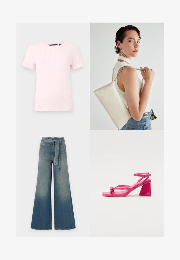 T-shirt kratkih rukava, svijetlo ružičaste boje, izrađen od teksturirane pletiva s okruglim izrezom i vertikalnim rebrastim uzorkom.; Široke traperice s gradijentom od svijetloplave do tamnoplave, visokog struka, petljama za remen i remenom od istog materijala. Teksturirana traper tkanina.; Roze lakirane sandale s potpeticom, sa kvadratnim vrhom, uskim trakama i geometrijskom blok potpeticom. Imaju pojedinost s kopčanjem na traci.; Bijela pravokutna torbica s kopčanjem, izrađena od sjajnog materijala, s srebrnim lančićem. Model pozira, prikazujući torbicu na jednostavnoj pozadini.