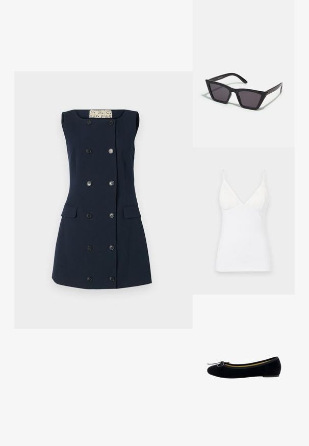 White sleeveless camisole with thin straps, featuring a V-neck design and smooth, lightweight fabric with a fitted silhouette.; Navy sleeveless dress with a fitted shape, double-breasted button closure, two front pockets, and a flat collar for a structured silhouette.; Black velvet ballet flats featuring a round toe, a small bow accent on the front, and a contrasting yellow interior lining.; Black, angular sunglasses with gray lenses; made of plastic, featuring thick arms with a smooth surface and no visible hardware.; Black leather handbag with a rounded shape, a single top handle, and gold hardware accents. Features a zip closure and subtle branding detail.