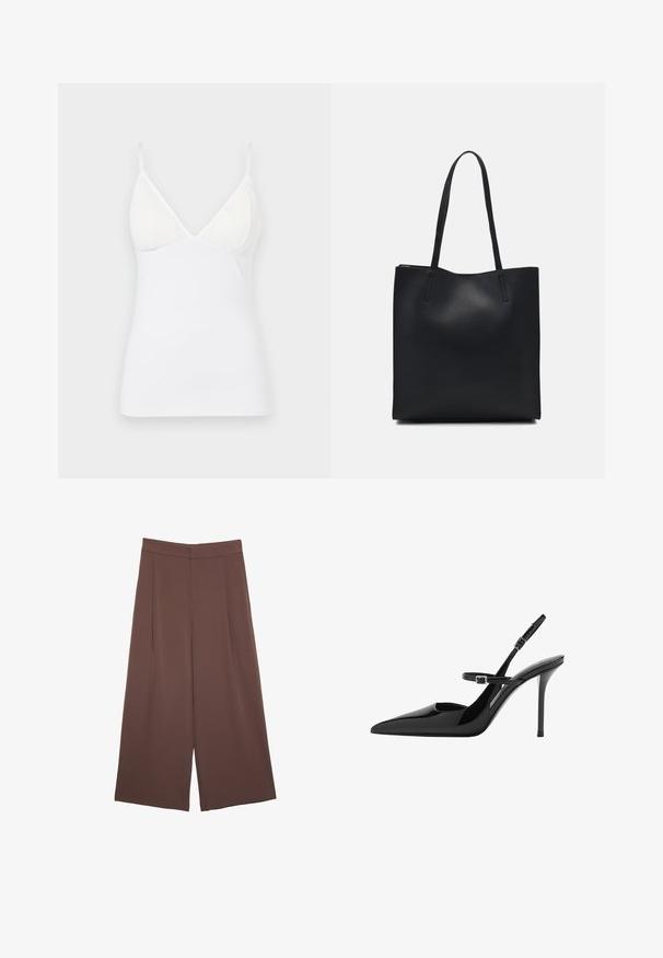 Biała bezrękawnikowa koszulka z cienkimi ramiączkami, z dekoltem w kształcie V, uszyta z gładkiego, lekkiego materiału o dopasowanym kroju.; Brązowe spodnie o szerokich nogawkach z gładką fakturą, z wysokim stanem i plisami z przodu. Materiał jest lekki i luźno opada.; Czarne lakierowane szpilki slingback z ostrym noskiem, regulowanym paskiem i obcasem w kształcie stiletto. Gładka powierzchnia o błyszczącym wykończeniu.; Czarna skórzana torba tote o gładkiej fakturze, prostokątnym kształcie i dwóch długich uchwytach. Brak widocznych elementów metalowych i ozdób.