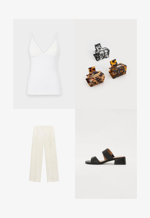 White sleeveless camisole with thin straps, featuring a V-neck design and smooth, lightweight fabric with a fitted silhouette.; Wide-legged trousers in a light cream color. Made from a smooth fabric with pleats at the front and side pockets.; Black leather sandal with two wide straps across the foot, a square toe, and a low block heel. Smooth texture and minimal design.; Three hair clips: one black and white marbled, two tortoiseshell in brown and black hues, all made of glossy plastic with a textured finish.