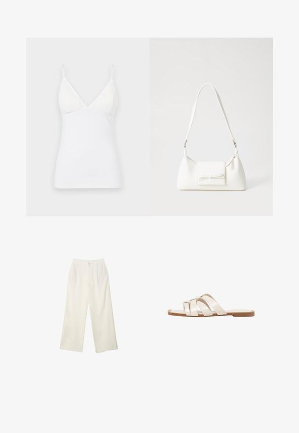 Hvid sansærmet top med tynde stropper, der har en V-hals design og en glat, let stof med en tætsiddende silhuet.; Bredde bukser i cremefarvet stof med en glat tekstur, der har en enkelt knap foran, diskrete folder og design med høj talje.; Flade sandaler med en lys gummisål, designet med tre overlappende hvide læderremme og en lille sløjfe detalje i midten.; Hvid syntetisk håndtaske med en trekantet form, flad forsideklap og sløjfedetalje, justerbar strop, glat tekstur og minimalistisk design.