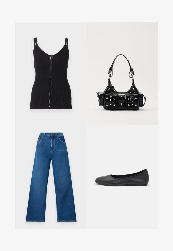 Must mustriba top, millel õhuke kaelus, kitsaist rihmadest ning vertikaalne rida hõbedast nuppe keskse sisekäigu ääres.; Tumedast sinises denimis kõrge vöökoht, laiad jalad teksad, millel on esi- ja tagataskud ning kontrastõmbluse detailid.; Musthave mustika tantsutossud mustast nahast, ümmarguse varbaga, siledast tekstuurist, minimaalse õmblusdetailiga ja paindliku tallakujundusega.; Must värvi nahast käekott, millel on kaarjas disain, hõbedased nupukesed, kinnitusahe ja kaks külgtaskut. Reguleeritav rihm erinevate kandmisvõimaluste jaoks.