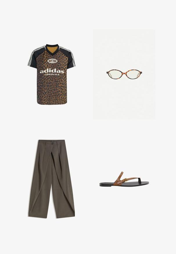 adidas Originals LEO PRINT SATIN - Tricou cu imprimeu - multicolor bronze strata; Pantaloni largi confecționați dintr-un material texturat, de culoare gri închis. Au un pliu frontal, închidere cu nasture și buzunare laterale pentru confort.; Sandale din piele de culoare tan, cu detaliu din aur la cataramă, talpă plată de culoare neagră și design minimalistic, având o textură fină.; Ochelari cu ramă din tartan, cu lentile ovale și un finisaj elegant, neted. Prezintă margini subțiri cu o curbură subtilă la tâmple. Lentile clare.