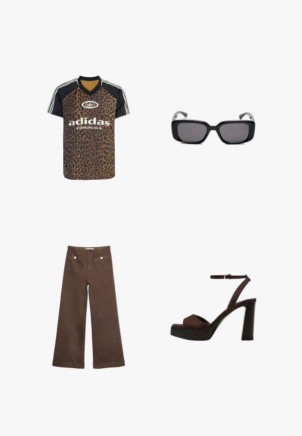 adidas Originals LEO PRINT SATIN - Tričko s potlačou - multicolor bronze strata; Hnedé široké nohavice vyrobené z bavlny, s dvoma prednými vreckami so striebornými gombíkmi a hladkou textúrou.; Hnedé semišové sandále na vysokom podpätku s otvorenou špičkou, nastaviteľným členkovým remienkom a pruhovanou platformovou podrážkou.; Čierne obdĺžnikové slnečné okuliare s tmavými sklami, hladkým plastovým rámom a zakrivenými stranami. Dizajn je robustný s minimalistickou estetikou.