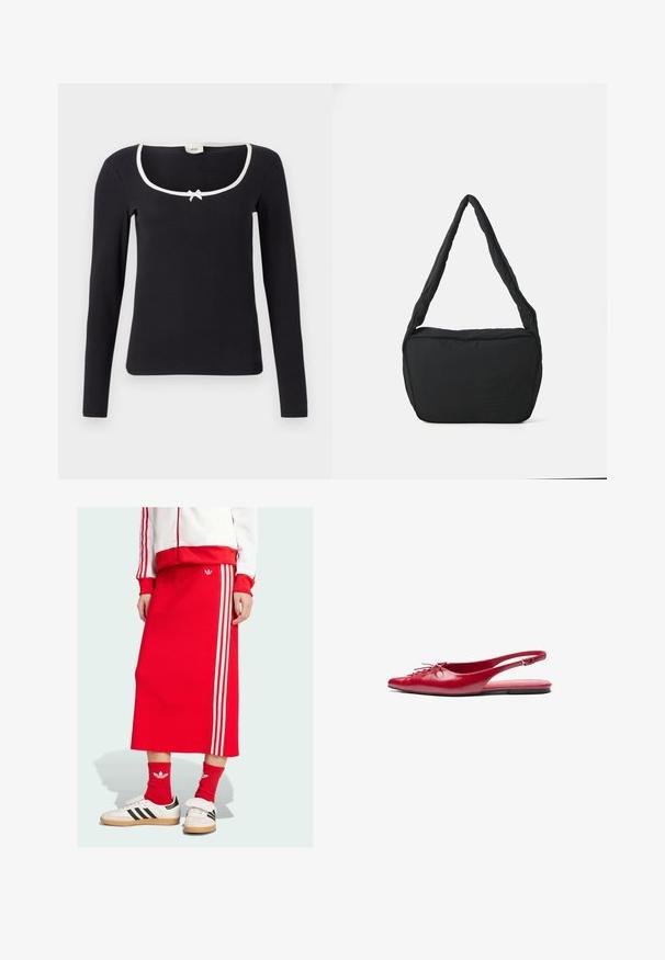 Čierny dlhý rukáv top s obdĺžnikovým výstrihom, bielym lemom a malou mašľou v strede. Mäkko pletená látka s priliehavým strihom.; Červená pletená midi sukňa s tromi bielymi pruhmi po stranách, v kombinácii s bielymi teniskami a červenými ponožkami, predvádzajúca športový dizajn.; Červené kožené slingback ploché topánky s š piatym prstom a dekoračným šnurovaním vpredu, s úzkym členkovým pásom a plochou podrážkou.; Čierna ramenná taška s polstrovanou textúrou, zaobleným tvarom a širokým popruhom, s embosovaným logom na prednej strane.