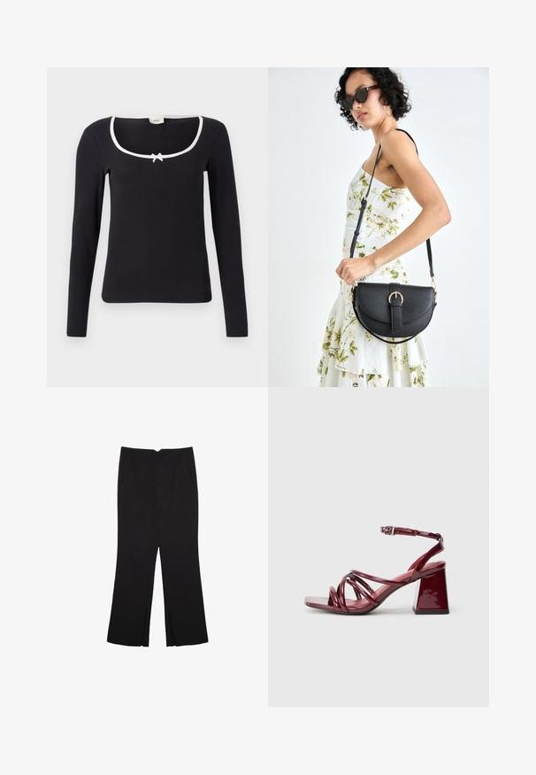 Črna majica z dolgimi rokavi in kvadratnim izrezom, bele obrobe in majhnim metuljčkom na sredini. Mehka, rebrasta tkanina v priljubljenem kroju.; Črne hlače ravnega kroja z naglavnimi žepi in stranskimi razporki na robu. Narejene iz mehke, gladke tkanine. Primerne za različne priložnosti.; Patent burgundske sandale na peto s kvadratnim nosom, ki vsebujejo več prepletenih trakov in debelo blokasto peto. Nastavljiv trak okoli gležnja.; Črna usnjena torbica s ukrivljeno obliko, z odstranljivo naramnico in zlatimi dodatki. Torbica ima pokrov s podrobnostmi v obliki zaponke.
