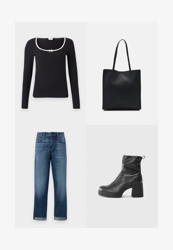 Black long-sleeve top with a square neckline, white trim, and a small bow detail at the center. Soft, ribbed fabric with a fitted shape.; Denim jeans in a medium blue wash with a straight leg design, featuring rolled cuffs and minimal distressing. Classic five-pocket styling.; Black ankle boots made of smooth leather, featuring a side zipper, chunky textured heel, and rounded toe design.; Black leather tote bag with smooth texture, rectangular shape, and two long handles. No visible hardware or embellishments.
