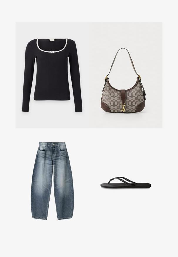 Black long-sleeve top with a square neckline, white trim, and a small bow detail at the center. Soft, ribbed fabric with a fitted shape.; Wide-leg jeans made of light blue denim with fading, featuring a five-pocket design, button fly, and minimal stitching details.; Black flip-flop featuring a textured rubber sole, two slender straps, and a subtle, embossed logo detail on the strap.; COACH HAMPTONS HOBO BAG IN SIGNATURE JACQUARD - Handbag - oak maple