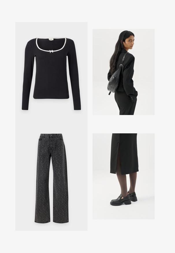 Schwarzes Langarmoberteil mit einem quadratischen Ausschnitt, weißem Saum und einem kleinen Schleifendetail in der Mitte. Weiches, geripptes Material mit einer figurbetonten Passform.; Noisy May NMJANNEL LOOSE - Jeans Relaxed Fit - black denim; Schwarze Lederschuhe mit abgerundetem Zeh, dicker Blockabsatz und elastischen seitlichen Akzenten, kombiniert mit dunklen Strumpfhosen und einem schwarzen Rock mit Schlitz.; Frau mit langen dunklen Haaren, die einen schwarzen Anzug trägt und eine schwarze Lederschultertasche hält, schaut über ihre Schulter vor einem weißen Hintergrund.; Silberne Creolen mit minimalistischem Design. Rundform, glatte Oberfläche und dünnes Profil. Leichtgewichtig mit hochglänzender Oberfläche.