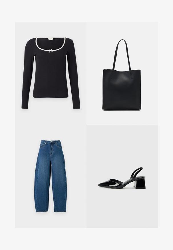 Juodas ilgomis rankovėmis viršus su kvadrato formos iškirpte, baltais krašteliais ir mažo kaspinėlio detale centre. Minkšta, įrūžinta medžiaga su prigludusia forma.; Deniminės džinsai vidutinio mėlynumo atspalviu, su aukštu liemeniu, plačiais kojų kirpimais ir standartiniu penkių kišenių dizainu, pasižyminčiu matomais siuvimo detalėmis.; Juodos lakuotos odinės šlepetės su smailiu pirštu ir geometriniu bloko kulnu. Turi elegantišką, minimalistinį dizainą ir lygų paviršių.; Juodas odinis tote krepšys su lygia tekstūra, stačiakampio formos ir dviem ilgais rankenomis. Matomų metalinių detalių ar puošybos nėra.