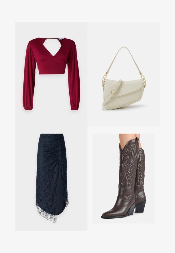 Burgundi värvi lühike topp pika varrukaga ja sügava V-kaelusega. Omab lõigatud selga ja volditud detaile õlgadel. Sile tekstuur.; Tumesinine pitsseelik koos rüssimisega kujundusega, ebaühtlane hem, lillemuster ja läbipaistev pitsäär all. Materjal näib tekstuuriga.; Pruunid nahast cowboy saapad terava varbaga ja plokk-kandaga, millel on detailne tikand ja kergelt tõstetud aktsendid varrel.; Väike kreemjas käekott tekstureeritud viimistlusega, pikendatav rihm, ketiläbimõõt ja klapiga sulgemine. Kuldsed metalldetailid.