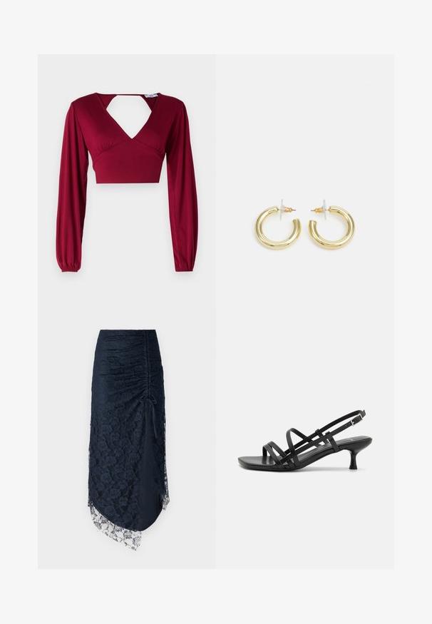 Burgundijas krūšturis ar garām piedurknēm un dziļu V veida kakla izgriezumu. Tam ir izgriezts aizmugurējais panelis un savilkšanas detaļa plecus. Gluda tekstūra.; Tumši zila mežģīņu svārki ar krokotu dizainu, asimetrisku apakšmalu, ziedu rakstu un caurspīdīgu mežģīņu apdari apakšmalā. Materiāls šķiet teksturēts.; Melni papēžu sandales ar vairākiem krustveida siksnām. Gluda materiāla, norādīta purngala un šaura papēža. Regulējama potītes siksna ar sprādzīti.; Zelta auskari ar gludu, spīdīgu apdari. Apaļš dizains, kas ietver mazu tapu un caurspīdīgu pamatni drošai valkāšanai.