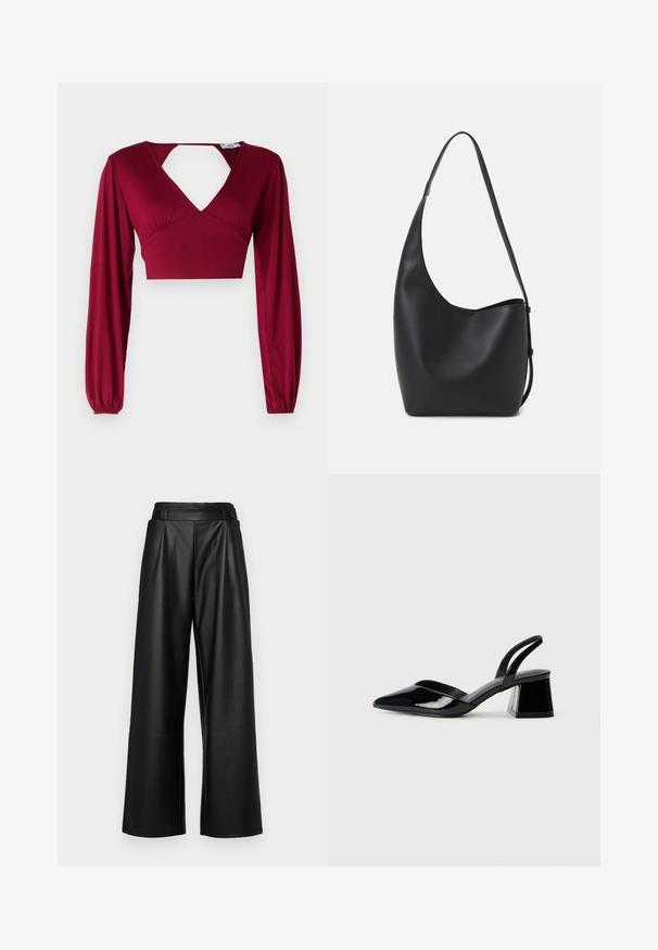 Burgunderröd croppad topp med långa ärmar och djup V-ringning. Har en utskärning på ryggen och rynkningar vid axlarna. Slät textur.; Svarta vida läderbyxor med hög midja, veck och två runda knappar framtill för stängning.; Svarta lackläder slingback klackar med spetsig tå och geometrisk klack. Har en elegant, minimalistisk design och slät yta.; Svart läder hobo-väska med en slät textur, kurvig form och en justerbar axelrem; har en bred öppning upptill.