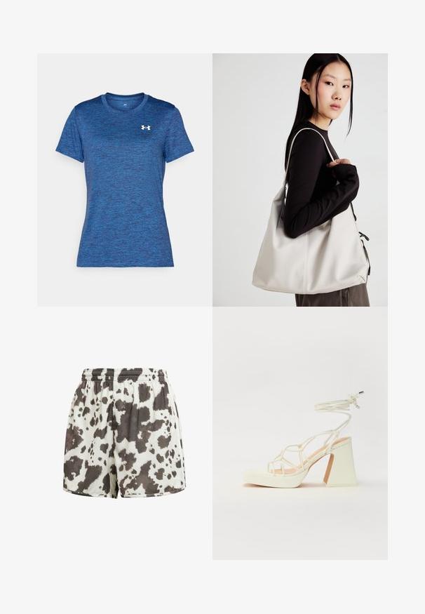 Camiseta atlética azul de manga corta con un patrón texturizado y jaspeado. Presenta un escote redondo y un pequeño logotipo blanco en el pecho.; Pantalones cortos con cordón en crema con un estampado de vaca en marrón y negro. Textura suave, corte holgado, dobladillo cosido y cintura elástica.; Sandalia de tacón alto blanca con un tacón grueso, que presenta un diseño de tiras y un lazo en el tobillo. Textura suave con una plataforma en la parte delantera para mayor altura.; Bolso de mano beige hecho de material suave, con un diseño holgado, detalles cosidos y dos asas. Adecuado para uso diario.