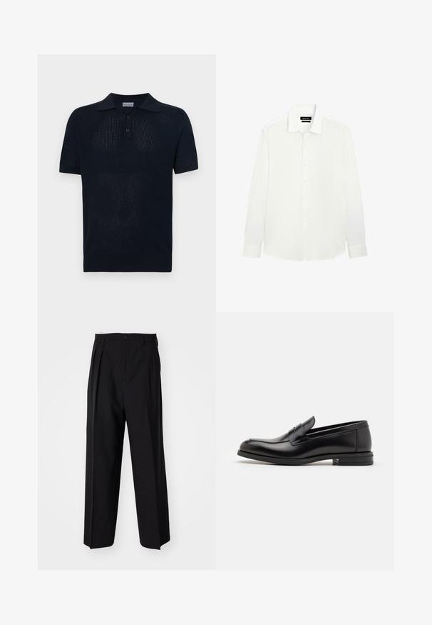 Námořnická modrá polo košile s krátkými rukávy a texturovaným pleteným vzorem. Obsahuje klasický límeček a zapínání na tři knoflíky. Měkký materiál.; Bílá košile s dlouhým rukávem a klasickým límcem, s knoflíkovou légou a přiléhavými manžetami. Hladká látka s jemným leskem. Štítek viditelný na výstřihu.; Černé skládací kalhoty s rovnými, širokými nohavicemi. Vyrobené z hladké tkaniny, se zapínáním na knoflík a poutky na opasek.; Černé kožené polobotky s hladkou texturou, zaoblenou špičkou a zdobným páskem přes nárt. Nízký stohovaný podpatek, minimalistický design.