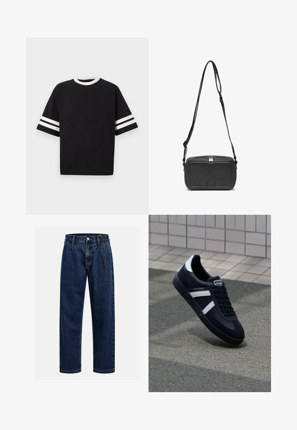 Črna majica s kratkimi rokavi iz bombaža, z okroglo belo ovratnico in dvema vodoravnima belima črtama na vsakem rokavu.; Temno modri kavbojki iz denima s pravim krojem. Imajo vidno šivanje, zapenjanje na gumb in sprednje plitke za dodaten detajl.; Črne usnjene superge z belimi črtami, teksturiran gumijast podplat in zavezovanje spredaj. Imajo označeno oznako na ježku.; Črna usnjena torbica čez ramo z zadrgo, embosirano logotipom spredaj in nastavljivim pasom. Gladka površina z pravokotno obliko.