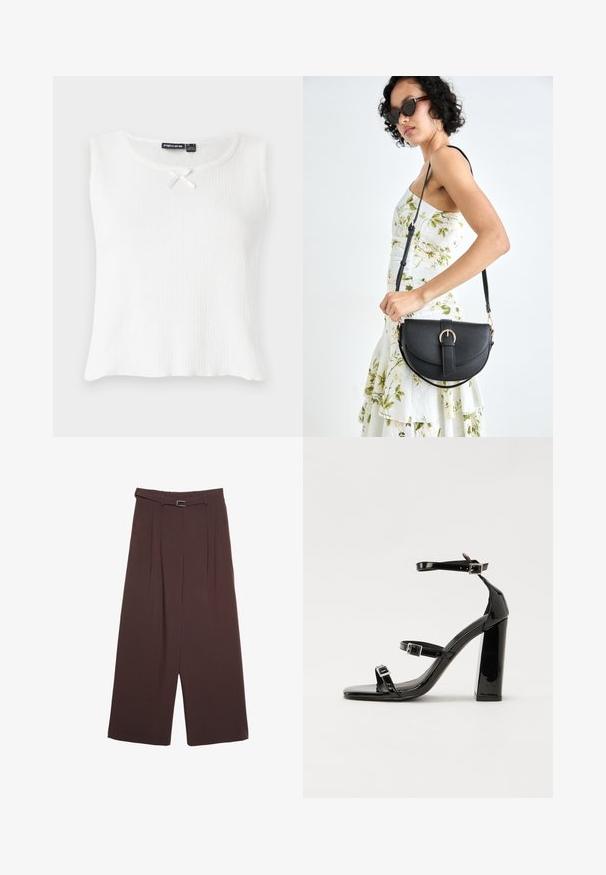 Bela brezrokavna majica z rebrasto teksturo, okroglega vratnega izreza in majhnim kremnim lokom kot okrasom na ovratniku. Enostaven, neopazen dizajn.; Stradivarius WIDE-LEG WITH BUCKLE DETAIL - Hlače - dark brown; Črne lakirane sandale s peto, kvadratnim prstom, trakovi okrog gležnja in srebrnimi zaponkami. Opremljene so s stabilno Debelo peto.; Črna usnjena torbica s ukrivljeno obliko, z odstranljivo naramnico in zlatimi dodatki. Torbica ima pokrov s podrobnostmi v obliki zaponke.