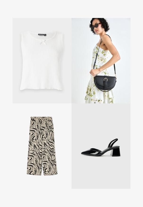 Biely bezrukávový top s rebrovanou textúrou, okrúhlym výstrihom a malou smotanovou mašľou na golieri. Jednoduchý, nezdobený dizajn.; Široké nohavice na krémovom pozadí s odvážnym čiernym abstraktným vzorom zebry. Majú elastický pás a hladkú textúru.; Čierne lakované kožené sandálové podpätky s špicatou špičkou a geometrickým blokovým podpätkom. Disponujú elegantným, minimalistickým dizajnom a hladkým povrchom.; Čierna kožená kabelka s zaobleným tvarom, odnímateľným popruhom a zlatými doplnkami. Kabelka má klopu s detailom s prackou.