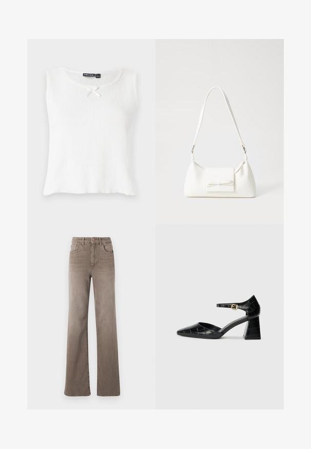 Bela brezrokavna majica z rebrasto teksturo, okroglega vratnega izreza in majhnim kremnim lokom kot okrasom na ovratniku. Enostaven, neopazen dizajn.; Rjavi visoki naramnice z ravnimi hlačnicami in sprednjim gumbom, z zanko za pas in klasičnim petim žepnim dizajnom na beli podlagi.; Črne patentne usnjene čevlje s visokimi petami, s koničastim nosom, trakcem okrog gležnja in teksturiranim kroko vzorcem. Oblikovanje kvadratne blokaste pete.; Bela sintetična torbica v obliki trikotnika, z ravnim sprednjim poklopcem in detajlom mašne, nastavljivim trakom, gladko teksturo in minimalističnim dizajnom.