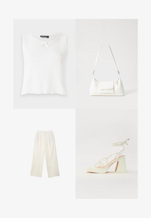 Biely bezrukávový top s rebrovanou textúrou, okrúhlym výstrihom a malou smotanovou mašľou na golieri. Jednoduchý, nezdobený dizajn.; Široké nohavice z krémovej látky s hladkou textúrou, s jedným predným gombíkom, jemnými skladmi a vysokým pásom.; Biele sandále na vysokom opätku s hrubým podpätkom, s pruhovaným dizajnom a viazaním na členku. Hladký povrch s platformou vpredu pre zvýšenú výšku.; Biela syntetická kabelka s trojuholníkovým tvarom, plochým predným klapkou a detailom mašle, nastaviteľným popruhom, hladkou textúrou a minimalistickým dizajnom.