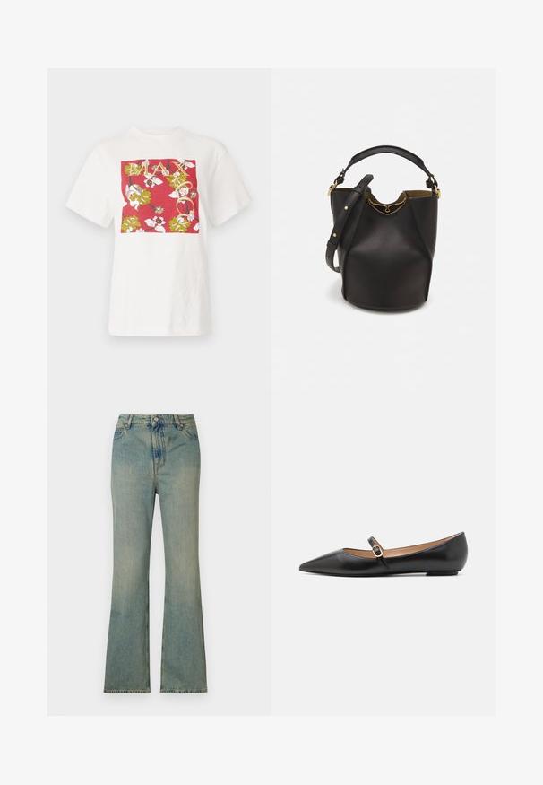 Hvid bomulds t-shirt med et rødt rektangulært grafisk motiv, der viser blomster mønstre og ordet "MAX" i guld bogstaver, korte ærmer, afslappet pasform.; Lysblå denim flare jeans med høj talje, fem lommer og lynlås. Ren, falmet finish med subtile syninger.; Sorte læder balletflade med spids tå og en side rem med et rundt guldaccent. Letvægts med en flad sål.; Sort læder bucket taske med en struktureret overflade, guld hardware detaljer og en åben top. Har et kort håndtag og justerbar skulderrem.