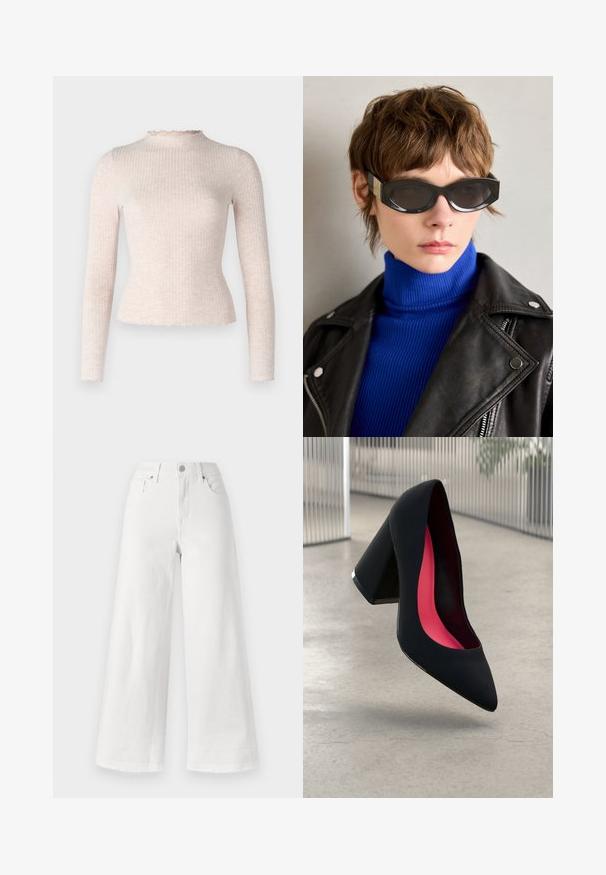 Light pink long-sleeve top with a ribbed texture, featuring a scalloped neckline and hem. Fitted design with soft, stretchable material.; White wide-leg jeans made of denim, featuring a high waist, four-pocket design, and raw hem at the bottom for texture.; Black high heel shoe with a pointed toe, textured surface, and a vibrant pink interior. Features a chunky heel with silver accent.; Black sunglasses with rounded edges and tinted lenses. Features gold accent hardware on the temples. Worn with a blue ribbed turtleneck and leather jacket.; Gold hoop earrings with a smooth, shiny finish. Circular design featuring a small post and clear backing for secure wear.