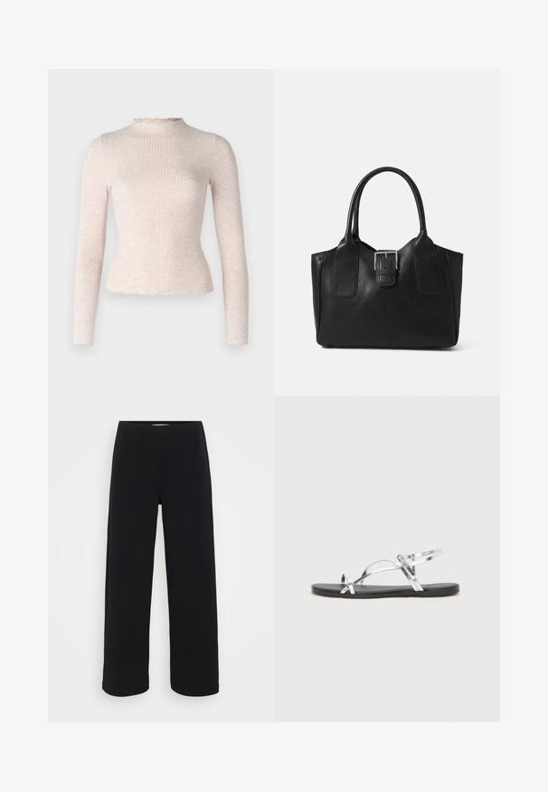 Light pink long-sleeve top with a ribbed texture, featuring a scalloped neckline and hem. Fitted design with soft, stretchable material.; Black wide-leg pants with an elastic waistband. Made from a textured material, featuring a loose fit and straight cut from hips to hem.; Silver metallic sandals with a minimal design, featuring thin straps and a black flat sole. Highlights include cross strap accents.; Black leather tote bag with smooth texture, structured shape, two handles, and a prominent silver buckle detail on the front.