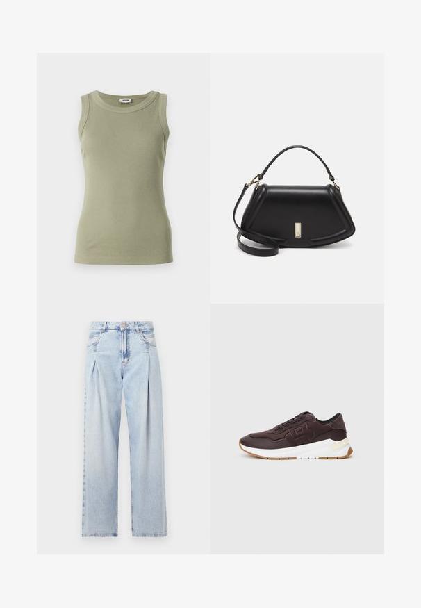 Olivengrønn, ermeløs ribbestrikket tanktopp med rund hals. Laget av glatt stoff, med en tettsittende silhuett og synlige sømdetaljer.; Lyseblå denimjeans med høy livlinje, vide ben, to sidelommer og plisserte detaljer. Myk tekstur med en falmet finish.; Mørkebrune sneakers med svart kant, preget logo på siden, hvit tykk såle og gummifarget yttersåle på en enkel bakgrunn.; Sort lærveske med en strukturert design, som har en avkortet form, topphåndtak og detaljer i gull. Justerbar skulderstropp inkludert.
