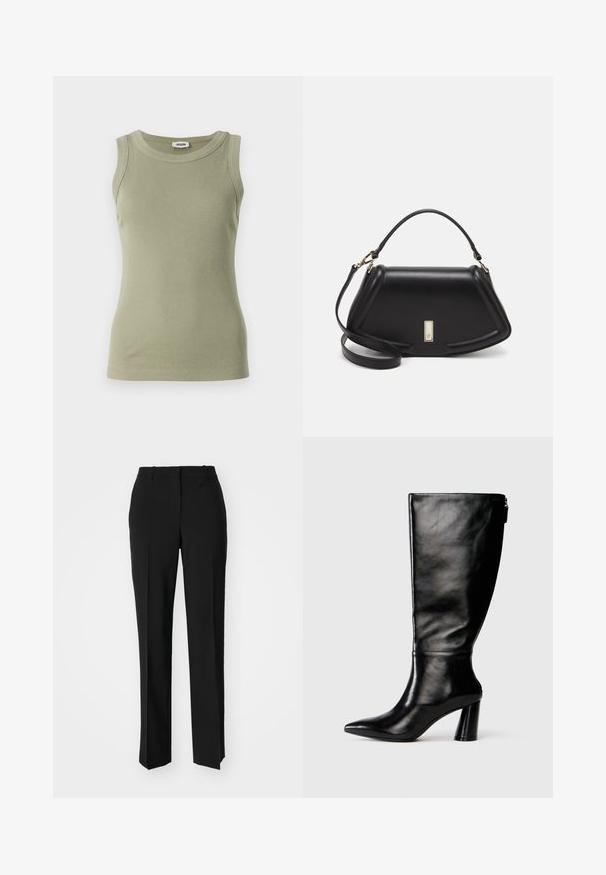 Olive green, sleeveless ribbed tank top with a round neckline. Made of smooth fabric, featuring a fitted silhouette and visible stitching details.; Black tailored trousers with a straight-leg design, featuring a smooth texture and crisp creases along the front. No visible hardware.; Knee-high black leather boot with a pointed toe, smooth texture, and a chunky heel. Features a zipper detail at the back.; Black leather handbag with a structured design, featuring a cropped shape, top handle, and gold hardware accent. Adjustable shoulder strap included.