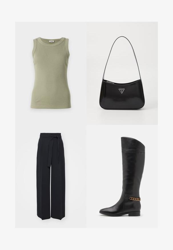 Olijfgroene, mouwloze geribbelde tanktop met een ronde halslijn. Gemaakt van een soepel stof, met een getailleerde pasvorm en zichtbare stikdetails.; Zwarte wijde broek van zachte stof. Voorzien van een ceintuur en plooien aan de voorkant. Glad textuur met een strakke, hedendaagse stijl.; Hoge zwarte leren laarzen met een slank ontwerp, spitse neus en een gouden kettingaccent bij de enkel. Lage blokhak. Glad textuur.; Zwarte lakleren schoudertas met een gebogen vorm, voorzien van een zilveren driehoeklogo en een ritssluiting. Gladde textuur en slanke schouderband.