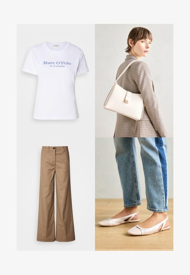 Valge puuvillane T-särk lühikeste varrukatega. Ees on sinine tekst: "Marc O’Polo EST. STOCKHOLMIS".; Laiad püksid, valmistatud siledast helepruunist kangast. Omavad eesmine nupukoht, vöökohad ja küljetaskud. Puhtad jooned, ilma nähtavate mustriteta.; Kahvatu roosa slingback lapikute jalatsite paar, millel on terav varvas, valmistatud siledast nahataolisest materjalist. Omab külgedel lõikekohti ja lapikut kontsa.; Valge nahast käekott struktureeritud disainiga, millel on magnetlukk ja õlavarre rihm, esitletud neutraalse tausta ees.