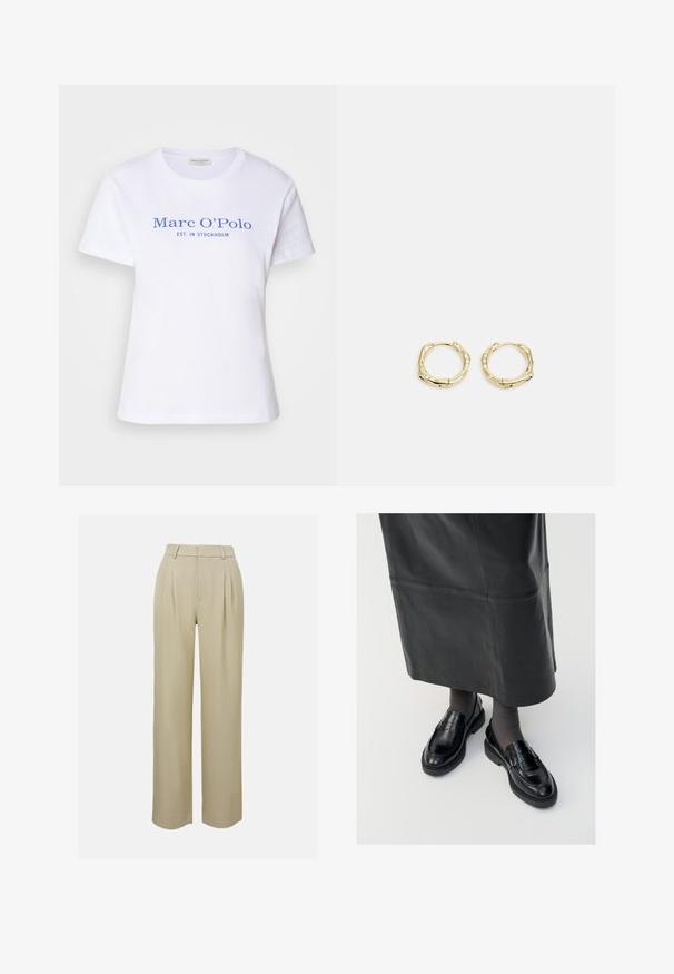 White cotton t-shirt with short sleeves. Features blue text: "Marc O’Polo EST. IN STOCKHOLM" printed on the front.; Beige wide-leg trousers made of smooth fabric, featuring front pleats, a tailored waistband, and side pockets. Clean hem finish.; Black leather loafers with a smooth finish, featuring a decorative strap, round toe, and textured sole. Worn with a long black leather skirt.; Gold hoop earrings with a textured, irregular shape. Features a seamless closure and a polished surface finish, emphasizing a modern design.
