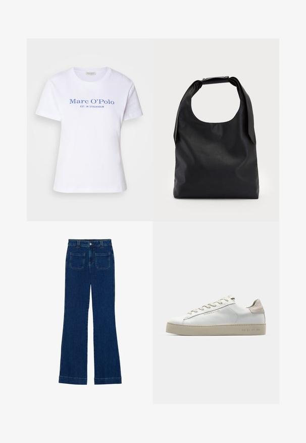 Witte katoen t-shirt met korte mouwen. Heeft blauwe tekst: "Marc O’Polo EST. IN STOCKHOLM" gedrukt op de voorkant.; Donkerblauwe denim flared jeans met een gladde textuur, vijf zakken en een knoopsluiting aan de taille.; Witte leren sneaker met een glanzende afwerking, beige suède accenten, ronde neus, platte vetersluiting en een getextureerde rubberen zool.; Zwarte lederen handtas met een grote open bovenkant en een enkele schouderriem. Zachte textuur, minimalistisch ontwerp, met subtiele metalen accenten.