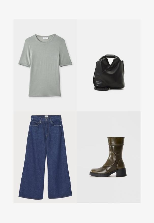 Kortermet T-skjorte med rund hals i lys grå, laget av myk stoff med en jevn tekstur og subtil søm på ermene og halslinjen.; Citizens of Humanity BEVERLY SLOUCH IN UNVEIL - Jeans relaxed fit -
dark-blue denim; Olivengrøn lær høststøvlette med rund tå, elastisk panel og en kraftig sort hæl. Glat tekstur og subtile quilting detaljer.; Svart, myk lærveske med et unikt vridd design. Har et kort håndtak og en avtakbar skulderrem. Minimalistisk stil.