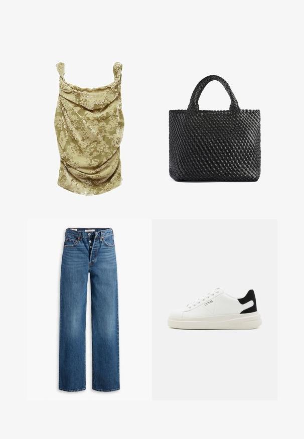 Bezrukávový top v béžovej farbe s kvetinovým vzorom. Mäkká tkanina má zavinuté detaily a nariasené ramená, čo pridáva textúru.; Modré džínsy s širokými nohavicami, piatimi vreckami, zapínaním na gombíky a kontrastným prešívaním. Štruktúrovaná tkanina s vyblednutým povrchom.; Biele kožené tenisky s hrubou bielou podrážkou, čiernym zamekom na päte a vyrazeným logom na boku. Šnurovací dizajn so šiestimi očkami.; Čierna tkaná taška na rameno s dvoma rúčkami, s textúrovaným povrchom a obdĺžnikovým tvarom. Jednoduchý, jedinečný dizajn bez viditeľných kovových prvkov.