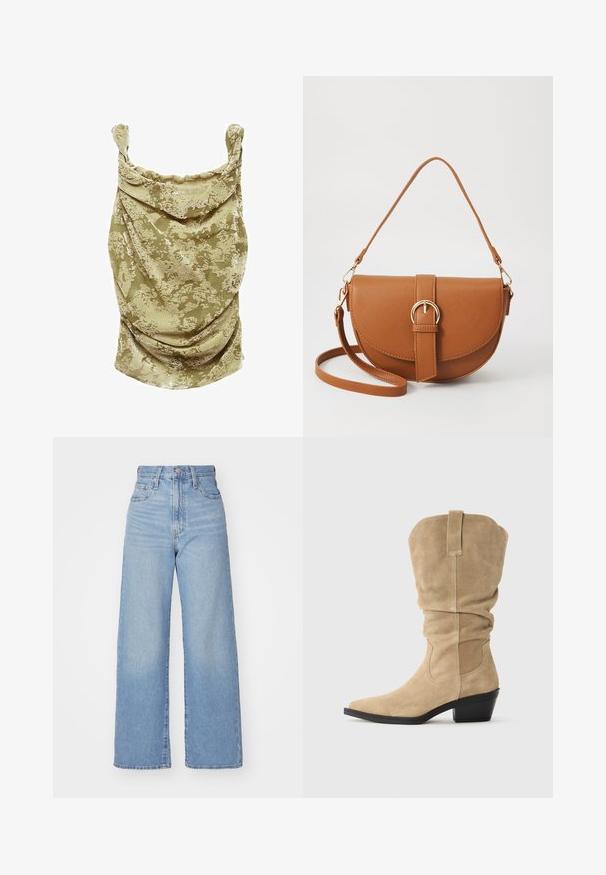 Top senza maniche beige con un motivo floreale. Il tessuto morbido presenta dettagli drappeggiati e spalle arricciate per aggiungere texture.; Jeans a vita alta blu chiaro con gamba larga, chiusura frontale con bottone e zip, tasche anteriori e posteriori, su uno sfondo bianco.; Stivale da cowboy in suede beige con albero morbido, punta affusolata e tacco a blocco. Texture liscia con cuciture minime e dettagli nella linguetta posteriore.; Borsa a tracolla in pelle marrone con forma curvata, hardware dorato e un dettaglio con fibbia. Presenta una tracolla rimovibile.