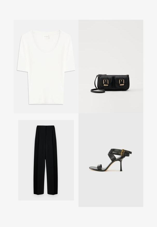 Valge lühikeste varrukatega T-särk ümmarguse kaelusega. Valmistatud pehmest puuvillakangast, omab see vaba lõiget ja minimaalset disaini.; Mustad laiad püksid kõrge vöökohtaga, millel on voldid ja sujuv tekstuur. Kanga välimus on kerge ja see ripub elegantselt.; Mustad mustand koos ristatud rihmade ja reguleeritava pandlaga. Omab siledat tekstuuri ja kitsenevat stiletto kontsa.; Must küllastamata nahast õlakott, millel on kaks esist nähtavat taskut, kuldsed pandlad, tõmblukuga sulgemine ja peen rihm. Tekstuuriga pind ja kompaktne ristkülikukujuline kuju.