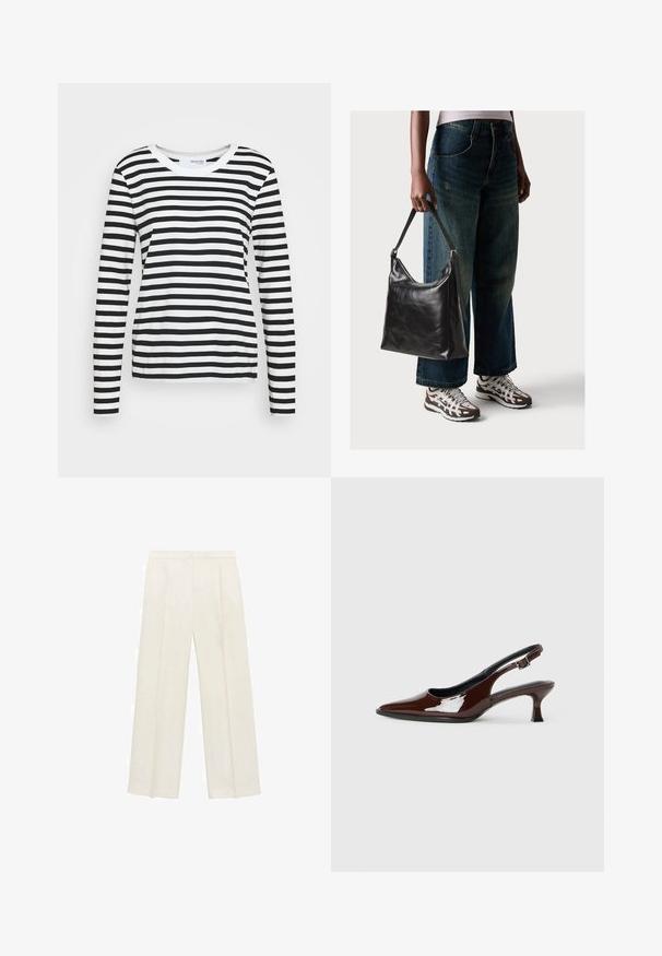 Musta-valkoinen raidallinen pitkähiha shirtti, jossa on pyöreä kaula-aukko ja rento istuvuus. Puuvillamateriaali, jossa on sileä tekstuuri.; Valkoiset leveälahkeiset housut vaaleassa kermassa. Valmistettu sileästä kankaasta, jossa on laskokset edessä ja sivutaskut.; Ruske patentin nahkalijatke sa špicastim nosom i umjerenom petom. Sadrže remen s kopčom za sigurno pristajanje. Glatka tekstura.; Musta nahkainen olkalaukku, jossa on sileä pinta ja säädettävä hihna, yhdistettynä haalistuneisiin leveälahkeisiin farkkuihin ja urheilukenkien kanssa.