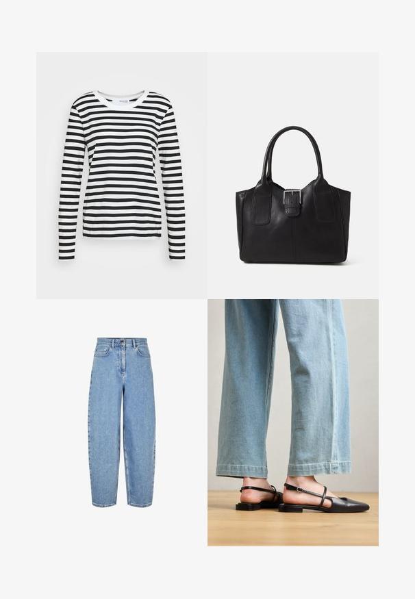 Schwarz-weißer gestreifter Langarmshirt mit Rundhalsausschnitt und lässiger Passform. Baumwollmaterial mit glatter Textur.; Helleblaue, hochtaillierte Denim-Jeans mit einer lockeren Passform, geraden Beinen, fünf Taschen und dezenten Ausbleichungen an den Oberschenkeln.; Schwarze Lederslingback-Schuhe mit spitzer Zehe, flachem Absatz und Knöchelriemen; getragen mit hellblauen, weit geschnittenen Jeans.; Schwarze Leder-Tote mit glatter Textur, strukturiertem Design, zwei Griffen und einem auffälligen silbernen Schnallen-Detail auf der Vorderseite.