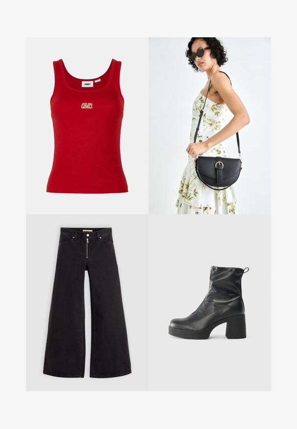 Top de alças vermelho canelado com decote redondo e alças largas, apresentando um logótipo bordado "OBEY" em branco no centro da parte frontal.; Calças de ganga de perna larga em denim preto com fecho éclair à frente, design de cinco bolsos e detalhes de costura subtil. Textura suave e estilo casual.; Botas de tornozelo pretas feitas de couro liso, com fecho lateral, salto grosso texturizado e design de bico arredondado.; Bolsa de couro preta com forma curva, alça destacável e detalhes em dourado. A bolsa possui uma aba com detalhe de fivela.