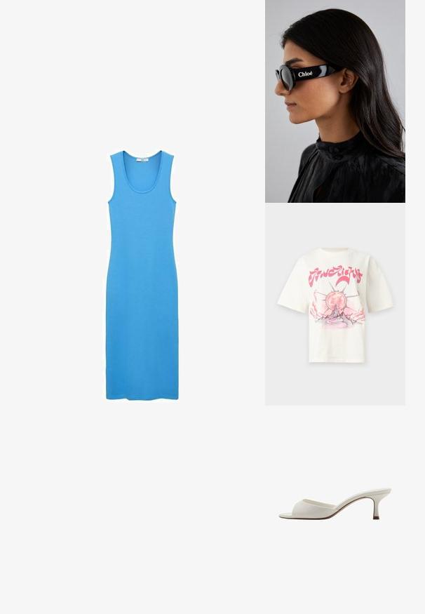 Cream-colored cotton t-shirt featuring a graphic design with a sun, mountain, and swirling path in pink and gray tones. Short sleeves.; Blue tank dress made of smooth, stretchy fabric, featuring a scoop neckline and a form-fitting, ankle-length cut. No visible patterns or hardware.; White open-toed high-heeled mules with a smooth finish, minimalist design, and a slender heel, featuring a subtle brown accent on the sole.; Black sunglasses with round lenses and bold, angular frames featuring the brand "Chloé" in white on the side. Smooth, glossy finish.