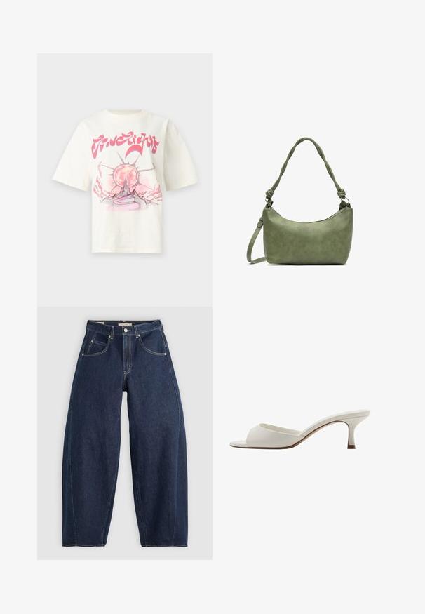Kremno obarvana bombažna majica s kratkimi rokavi, ki prikazuje grafični dizajn s soncem, goro in vijugasto potjo v roza in sivi barvi.; Temno modri kavbojasti hlače z ohlapnim krojem, svetlimi šivi, petimi žepi in gumbom za zapiranje na pasu.; Bele odprte visoke petke z gladko površino, minimalističnim oblikovanjem in vitko peto, ki ima subtilen rjav odtenek na podplatu.; Zelena usnjena torbica z gladko teksturo, ukrivljeno obliko in pletenim ročajem. Ima zadrgo in nastavljiv trak.