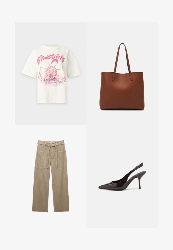 Kremno obarvana bombažna majica s kratkimi rokavi, ki prikazuje grafični dizajn s soncem, goro in vijugasto potjo v roza in sivi barvi.; Bež hlače širokega kroja iz trpežnega materiala, z velikimi sprednjimi žepi, pletenim pasom in diskretnimi šivi.; Slingback visoke pete v sijajni temno rjavi lak koži, koničastim nosom, odprtimi stranmi in nastavljivim gležnjenčkim trakom.; Rjava usnjena torba z gladko teksturo, odprto zasnovo zgoraj in dvema naramnima trakovoma. Opremljena je z minimalnim šivanjem in brez vidnih kovinskih delov.