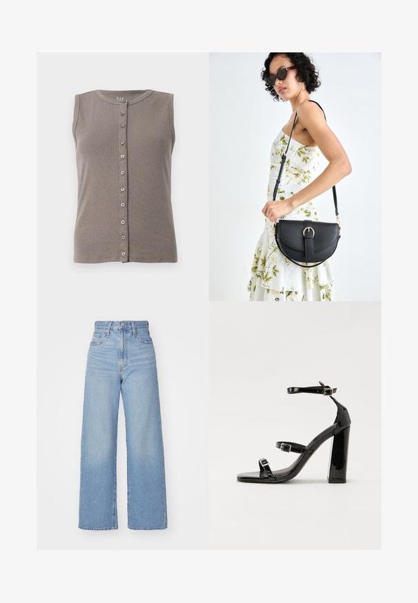 Grijze mouwloze tanktop met een geribbelde textuur en een ronde halslijn. Uitgerust met een voor sluiting met vijf gelijkmatig verdeelde knopen.; Lichtblauwe high-waist wijde jeans met een knoop- en ritssluiting aan de voorkant, voor- en achterzakken, op een witte achtergrond.; Zwarte patent lederen sandalen met hoge hakken, twee gespenbanden, een vierkante neus en een stevige blokhak, met een gladde, glanzende textuur.; Zwarte leren handtas met een gebogen vorm, afneembare schouderband en gouden hardware. De tas heeft een klep met een gespsluiting.