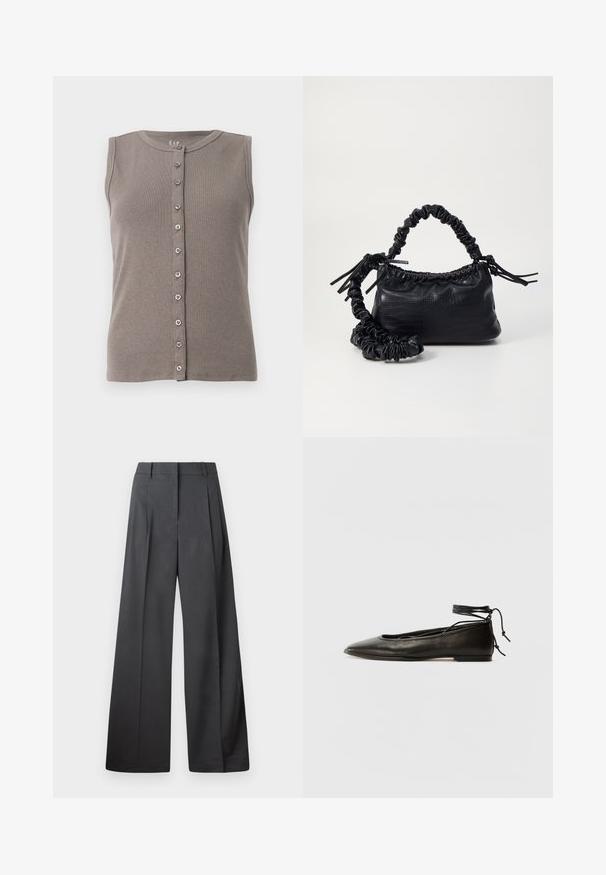 Sivi bezrukavi top s rebrastom teksturom i okruglim izrezom. Ima prednje kopčanje s pet ravnomjerno raspoređenih dugmadi.; Hlače širokih nogavica u tamnosivoj tkanini, s visokim strukom, jednim naborom i glatkom teksturom s urednim završetkom na rubovima.; Crne kožne baletanke s oštrim prstom, vezanjem oko članaka i ravnim potplatom, s glatkom teksturom i minimalističkim dizajnom.; Crna torba od umjetne kože s teksturom krokodila, s cinčanim vrhom i naboranom trakom. Izgleda mekano i kompaktno u dizajnu.