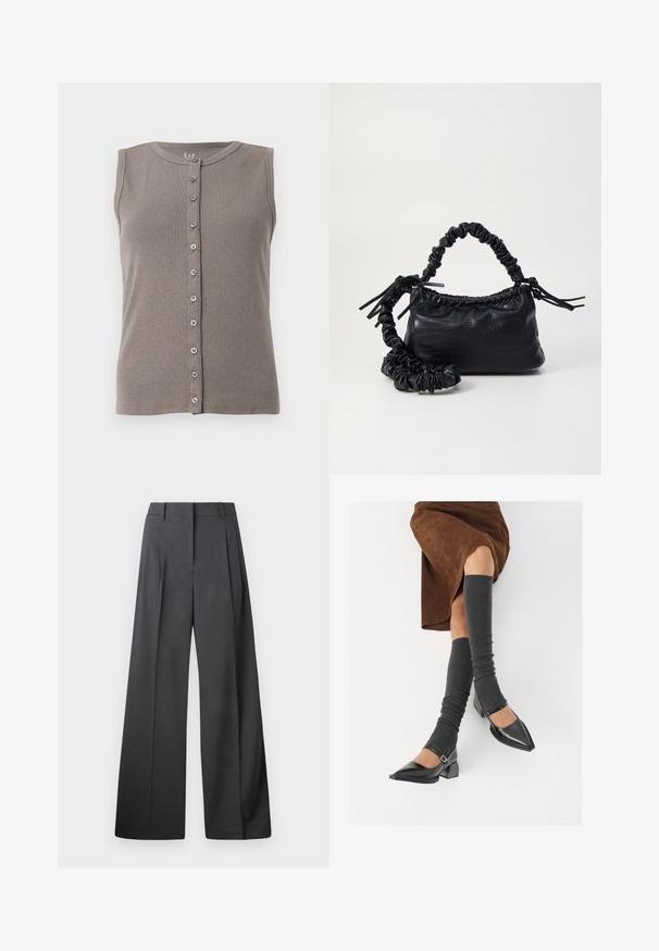 Šedý bezrukávový top s ribbovanou strukturou a kulatým výstřihem. Vybavený zapínáním na knoflíky vpředu se pěti rovnoměrně rozmístěnými knoflíky.; Široké kalhoty z tmavě šedé látky, s vysokým pasem, jedním skladem a hladkou texturou s čistým zakončením na lemech.; Černé lakované boty s špičatou špičkou, blokovým podpatkem a kotníkovým páskem, spárované s šedými žebrovanými návleky na nohy a hnědskou sukní z semiše.; Černá kabelka z umělé kůže s krokodýlím vzorem, staženým vrškem a zmačkaným popruhem. Zdá se, že má měkký a kompaktní design.